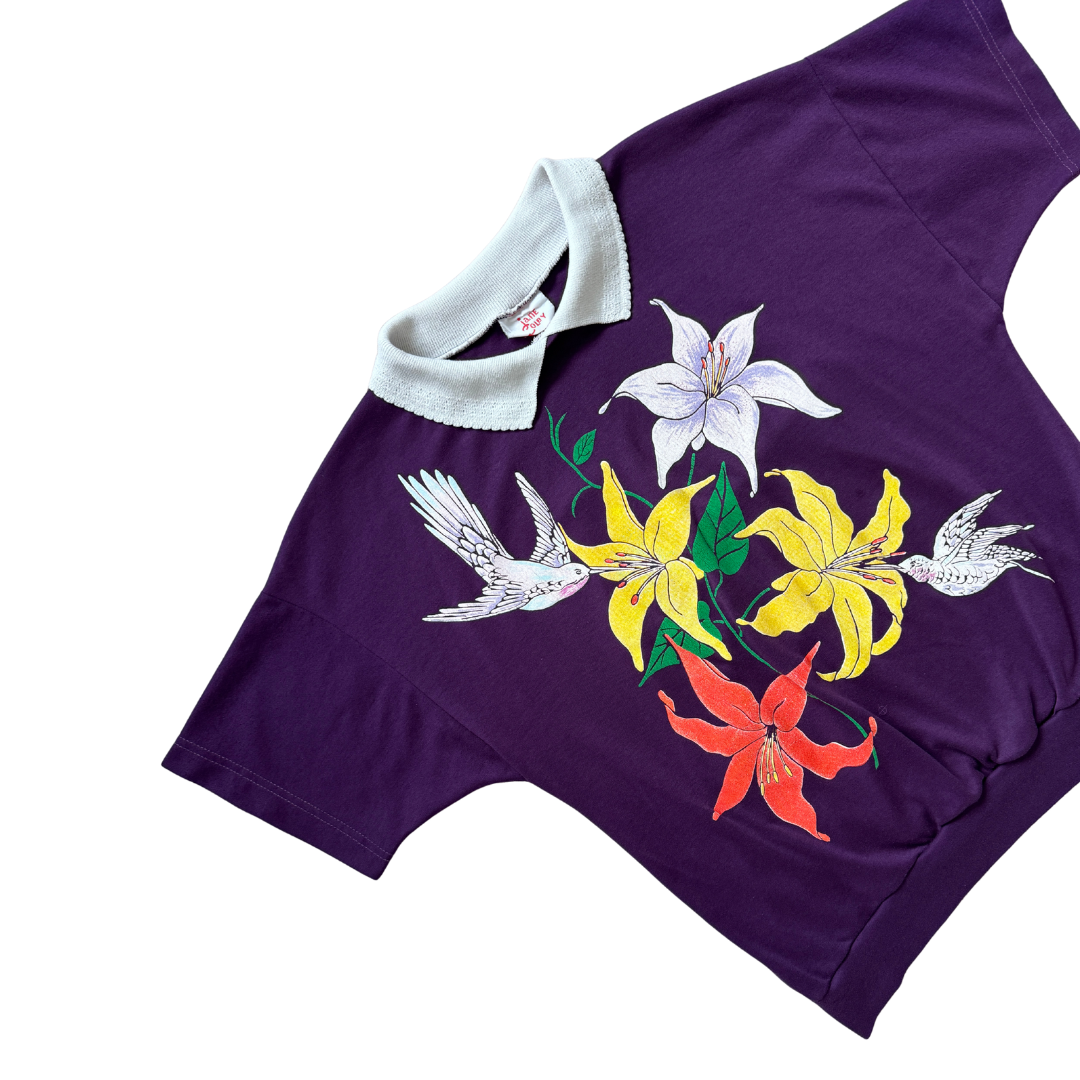 Jane Colby Purple Ruffle Collared Sweatshirt with Floral Graphic | Large