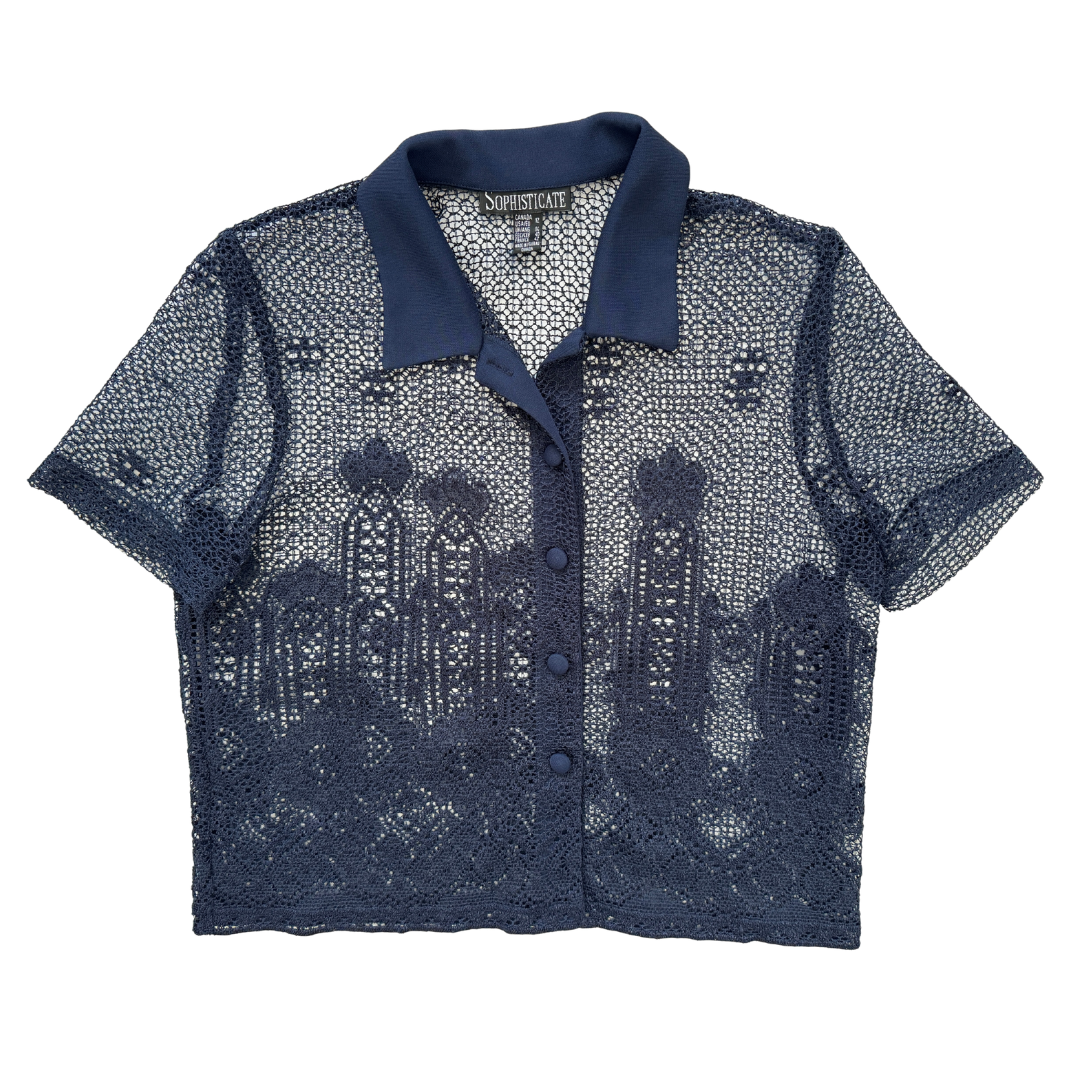 Vintage 1990s- 2000s Sophisticate Navy Lace Short Sleeve Collared Blouse