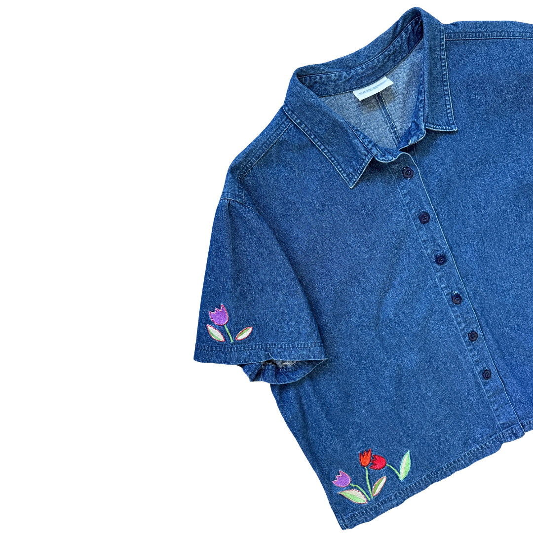 EastWest Denim Blouse with Tulip Applique | 2X