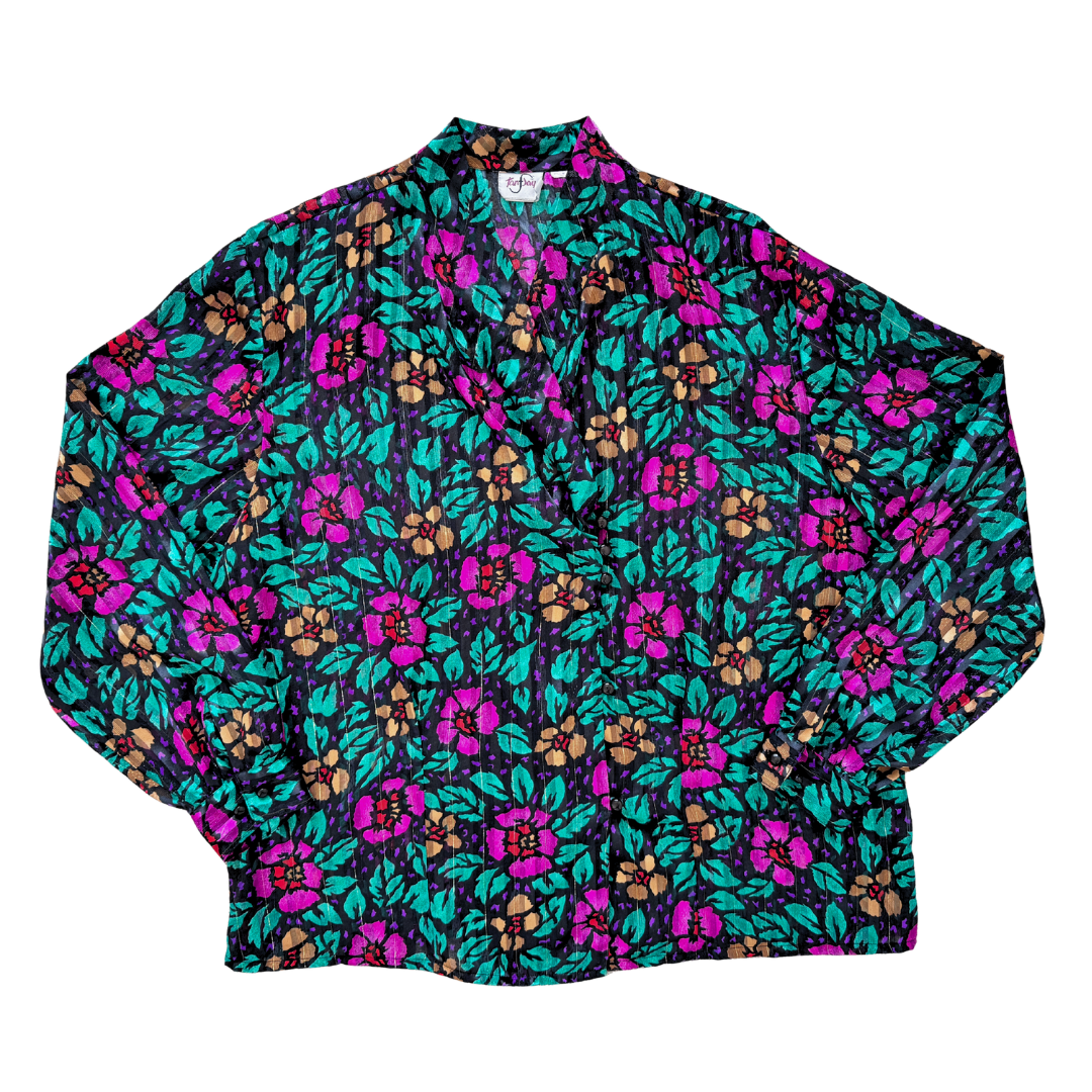 Vintage 80s TanJay Black and Pink Satin Floral Blouse | Extra-Large