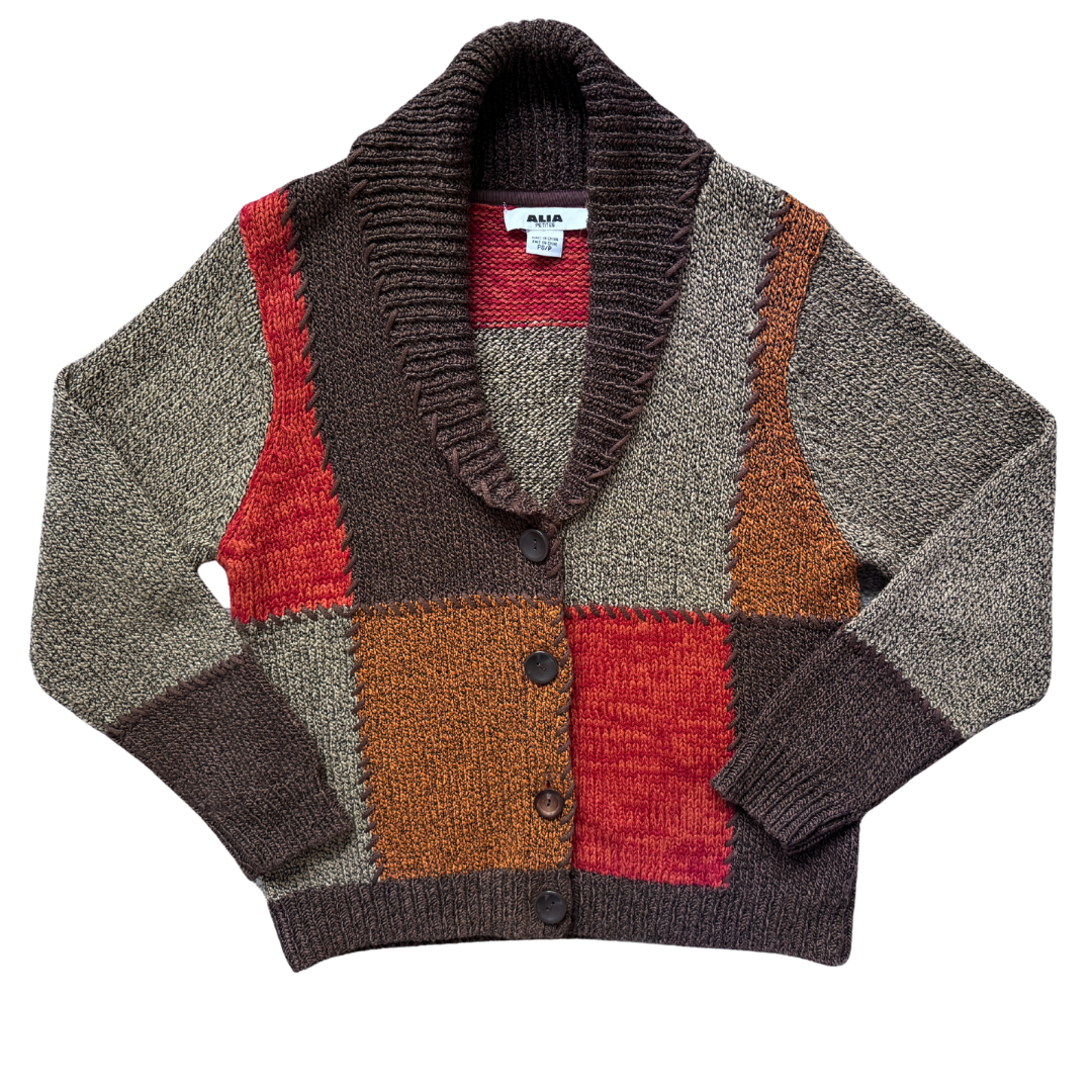 Vintage 1990s Alia Brown and Orange Patchwork Cardigan - Small / Medium