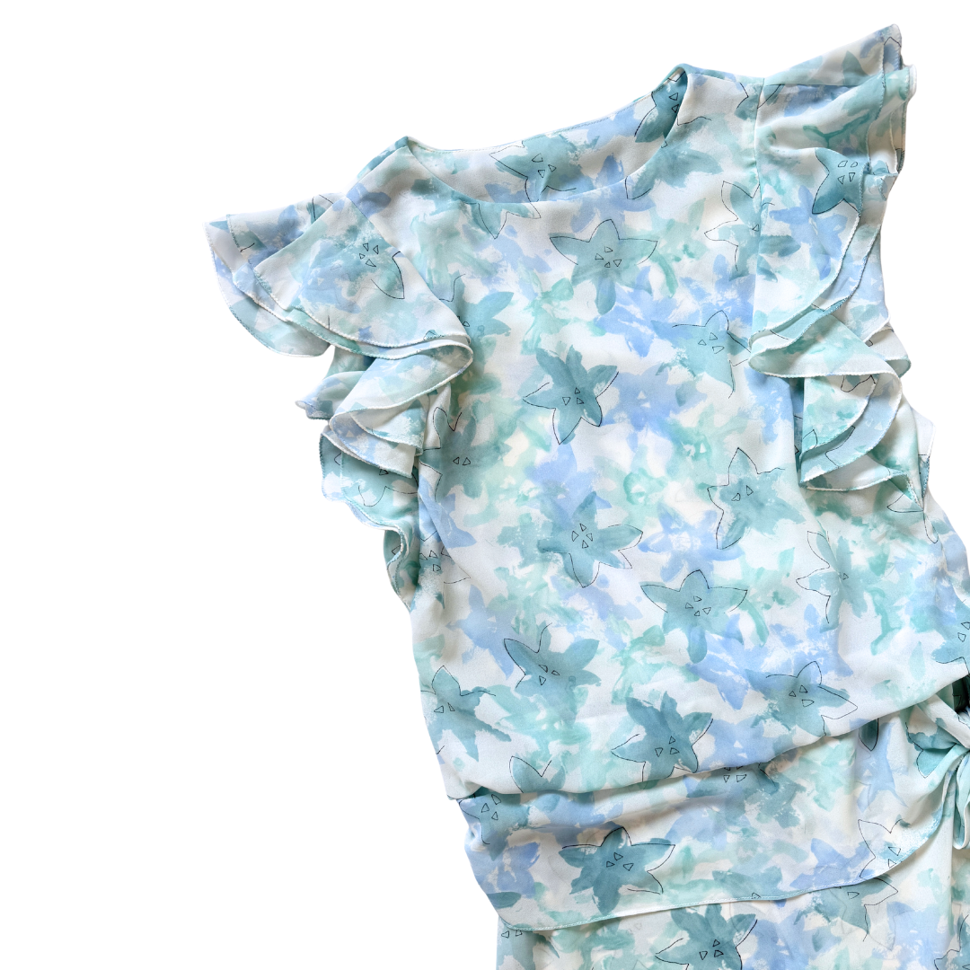 The House of Nu Mode Blue Floral Ruffle Dress | Medium