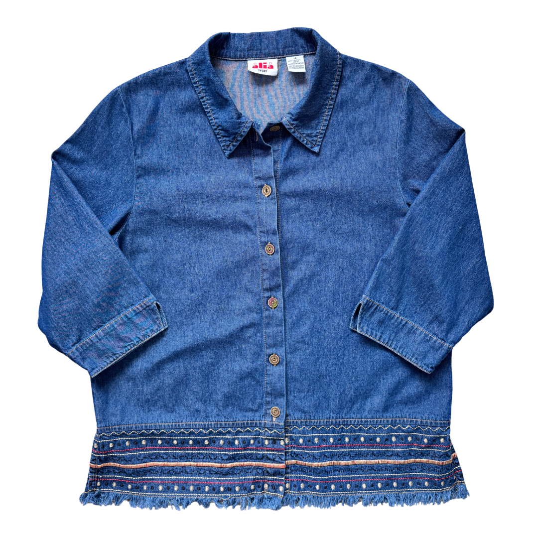 Alia Sport Embroidered Fringe Denim Shirt | Large