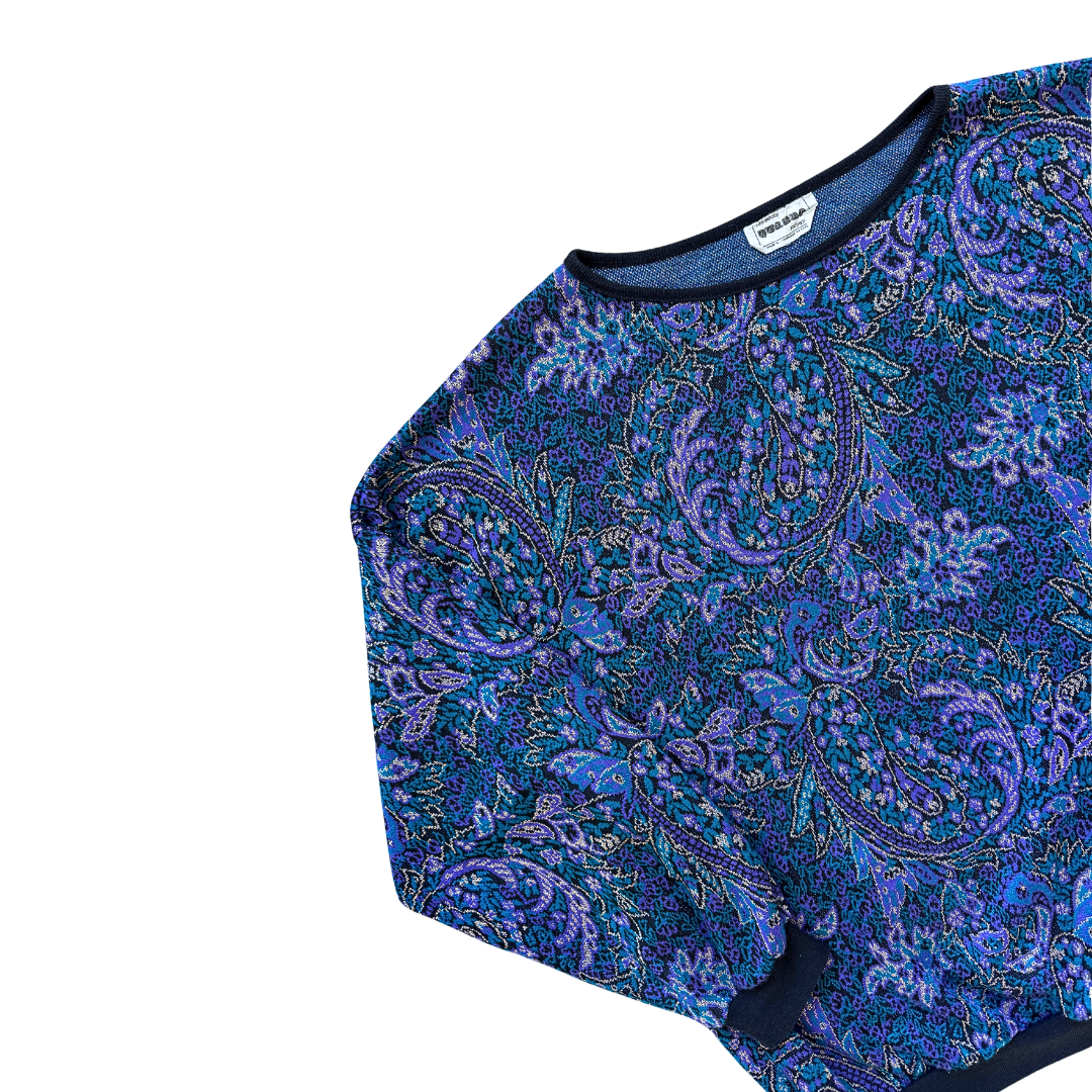 Quadra Fashions Purple and Blue Paisley Crewneck Sweater | Large