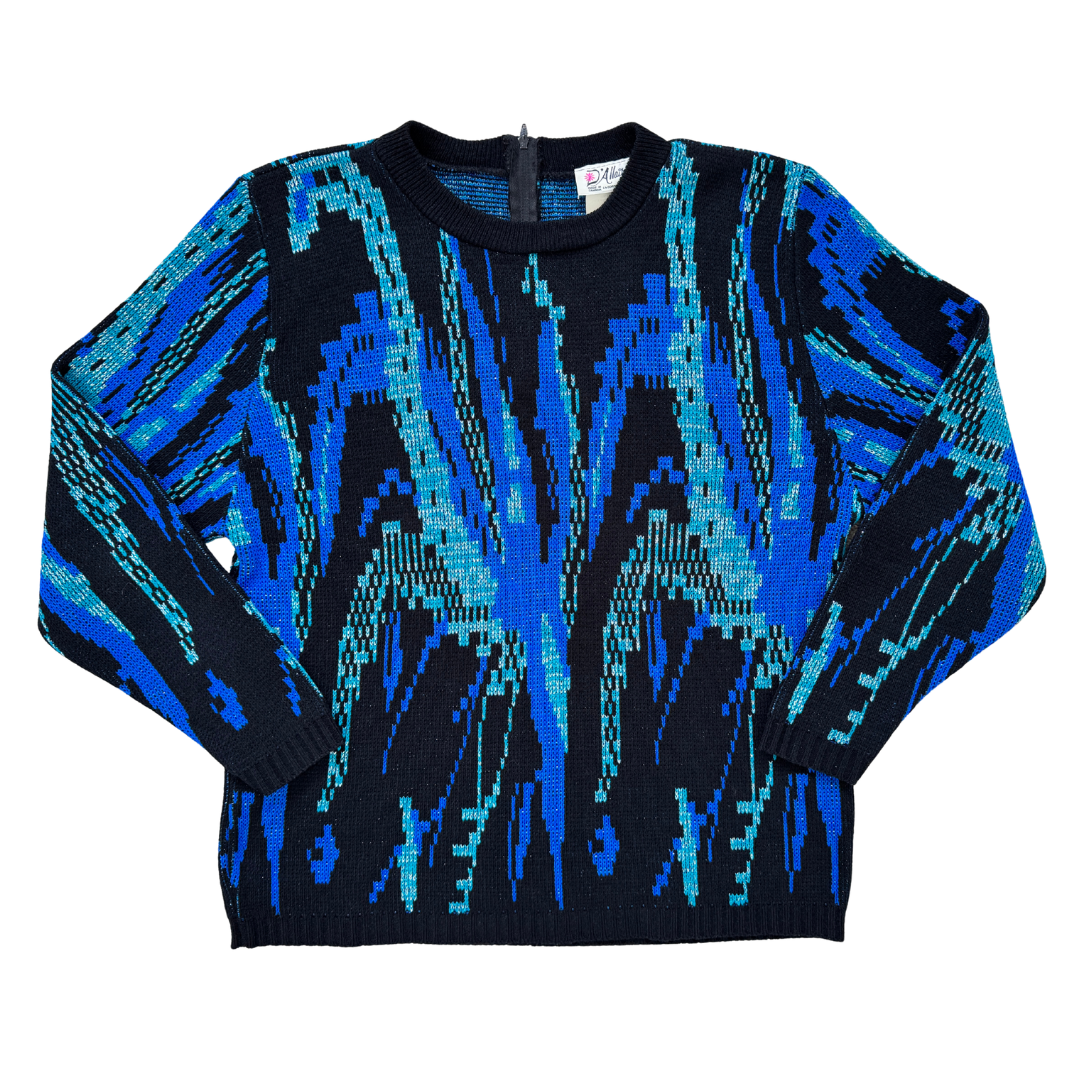 Vintage 80s D'Allaird's Blue and Black Geometric Metallic Sweater | Small - Medium