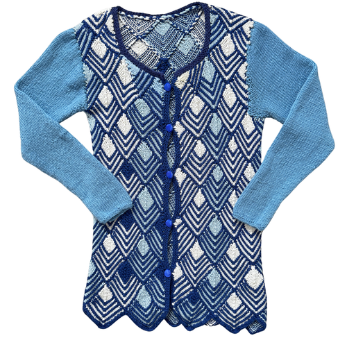 Vintage Hand Knit Blue and White Chevron Knit Long Cardigan | Extra-Small / Small