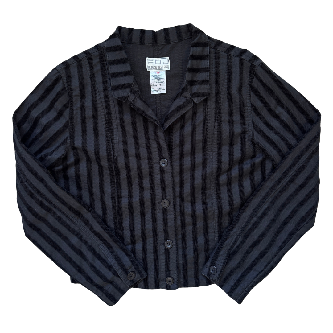 Vintage 1990s French Dressing Black Denim and Velvet Striped Jacket | Small-Medium