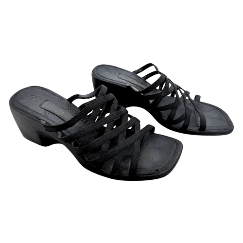 Vintage 90s Black Strappy Chunky Heel Wedge Sandals | Size 6