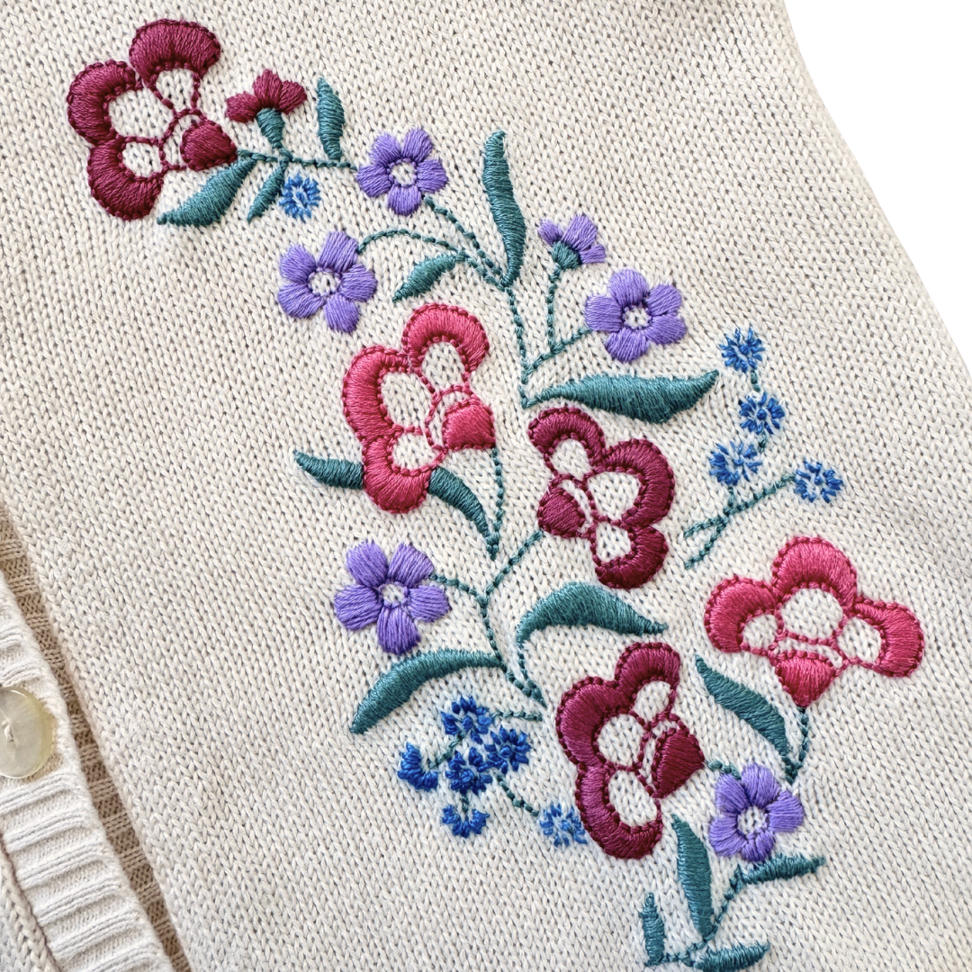 Up-cycled Hand Embroidered Vintage Wool Vest with Pastel Floral Embroidery | Small