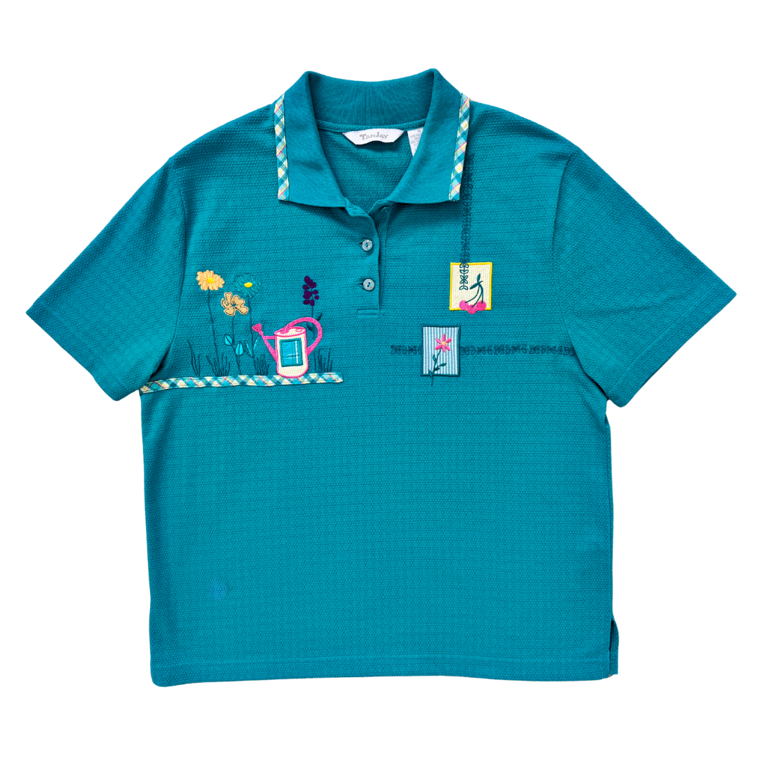 Vintage 80s-90s Tanjay Teal Golf Shirt with Floral Applique | Medium
