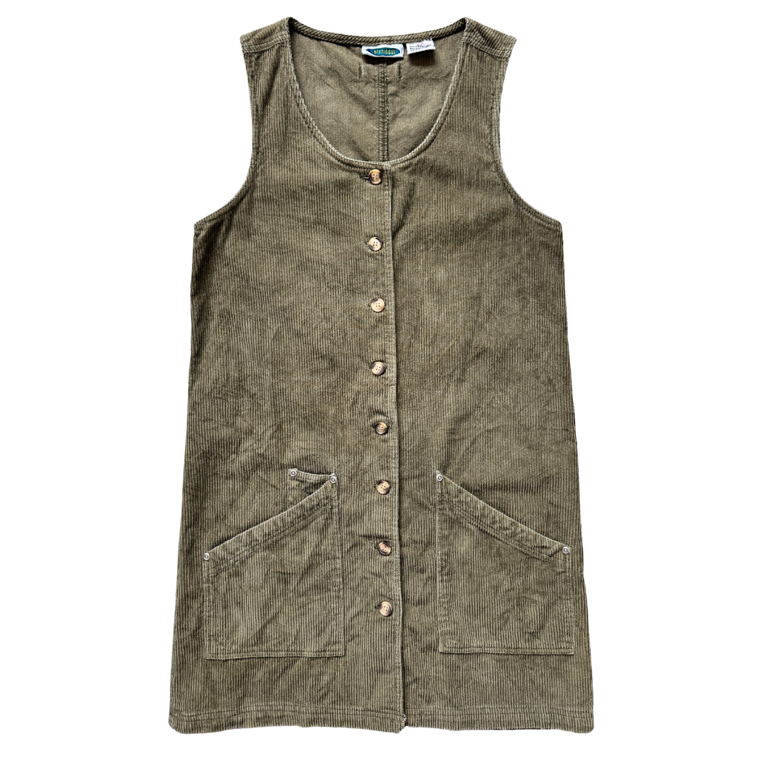 Vintage 1990s Next Issue Green Corduroy Pinafore Mini Dress | Extra-Small / Small