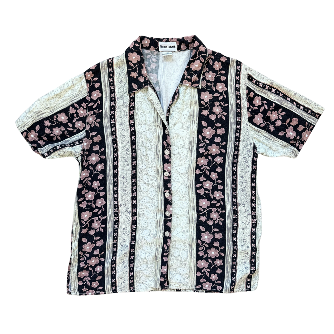 Vintage 1980s-1990s Trendy Looks Neutral Tones Floral and Paisley Blouse | Large / Extra-Large