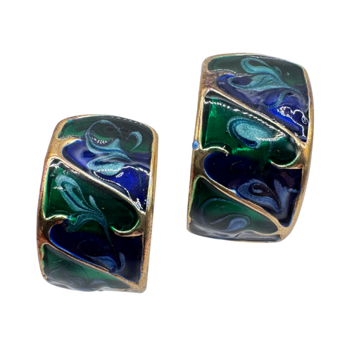 Vintage Blue and Green Enamel Semi-Hoop Stud Earrings