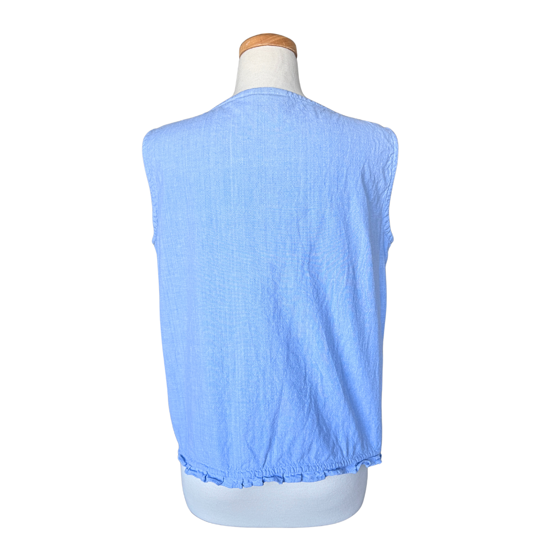 Authentic Chic Baby Blue Pleated Cotton Blouse with Lace Trim | Medium-Large