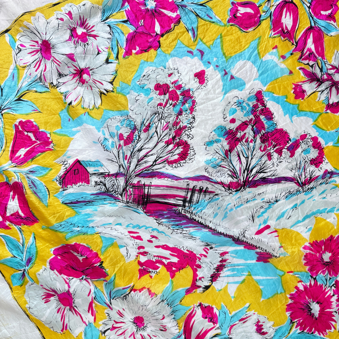 Pink/Blue/Yellow Floral Country Scene Square Scarf