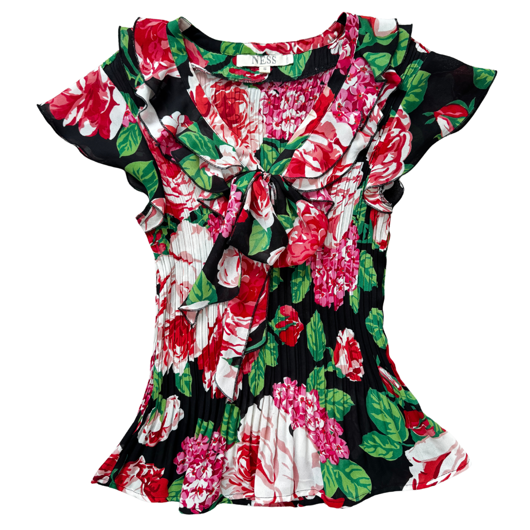 Ness Black And Red Floral Ruffle Bow Blouse | Extra-Small / Small