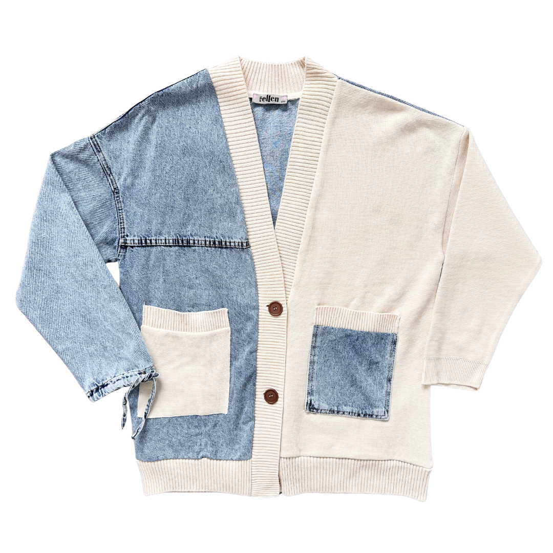 Blue Elle Denim and Knit Colour Block Cardigan | Large