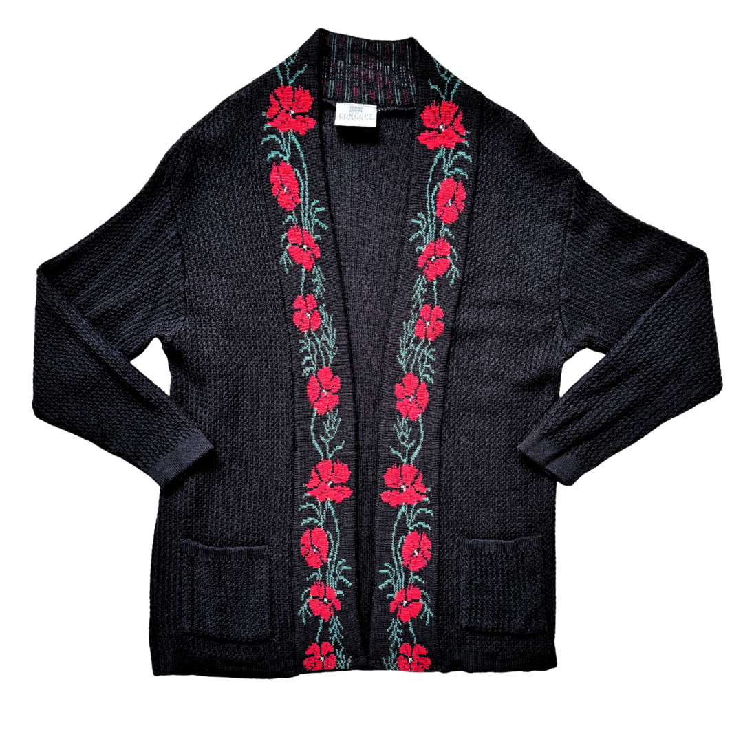 Vintage 80s-90s Concept Knitwear Long Black Cardigan with Red Roses | Extra-Large
