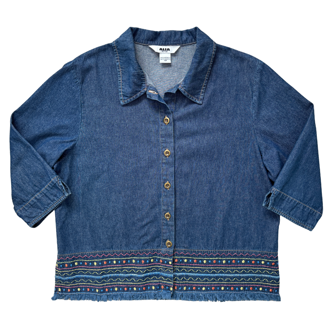 Vintage 90s Alia Petites Embroidered Fringe Denim Shirt | Large (14P)