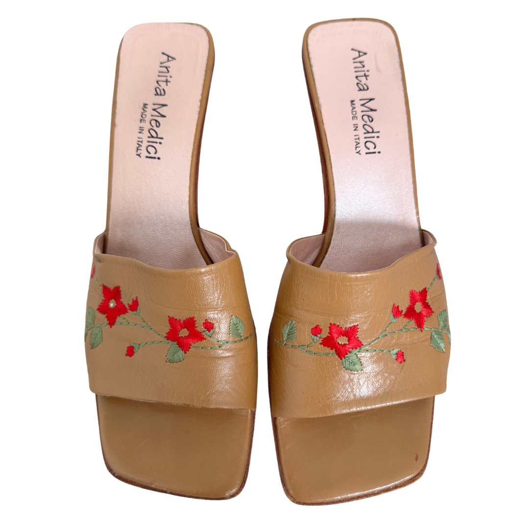 Anita Medici Brown Floral Embroidered Heeled Sandals | 8