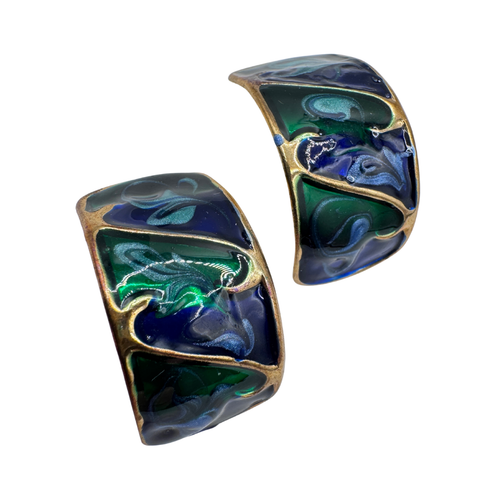Blue and Green Enamel Semi-Hoop Stud Earrings