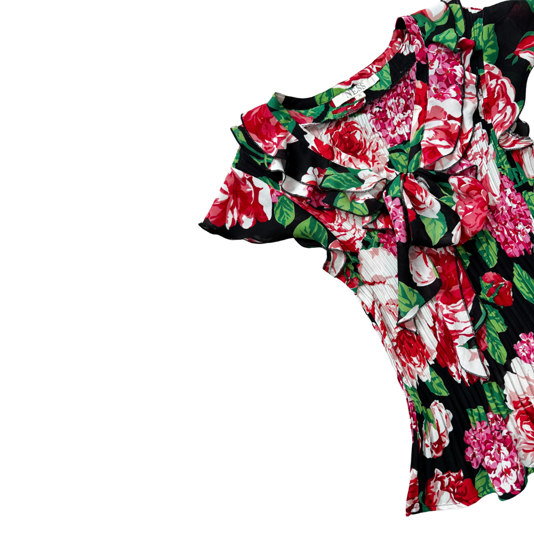 Ness Black And Red Floral Ruffle Bow Blouse | Extra-Small / Small