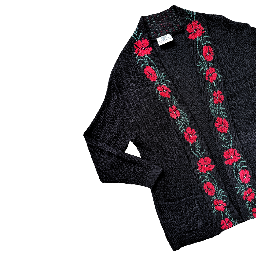 Concept Knitwear Long Black Cardigan with Red Roses | Extra-Large
