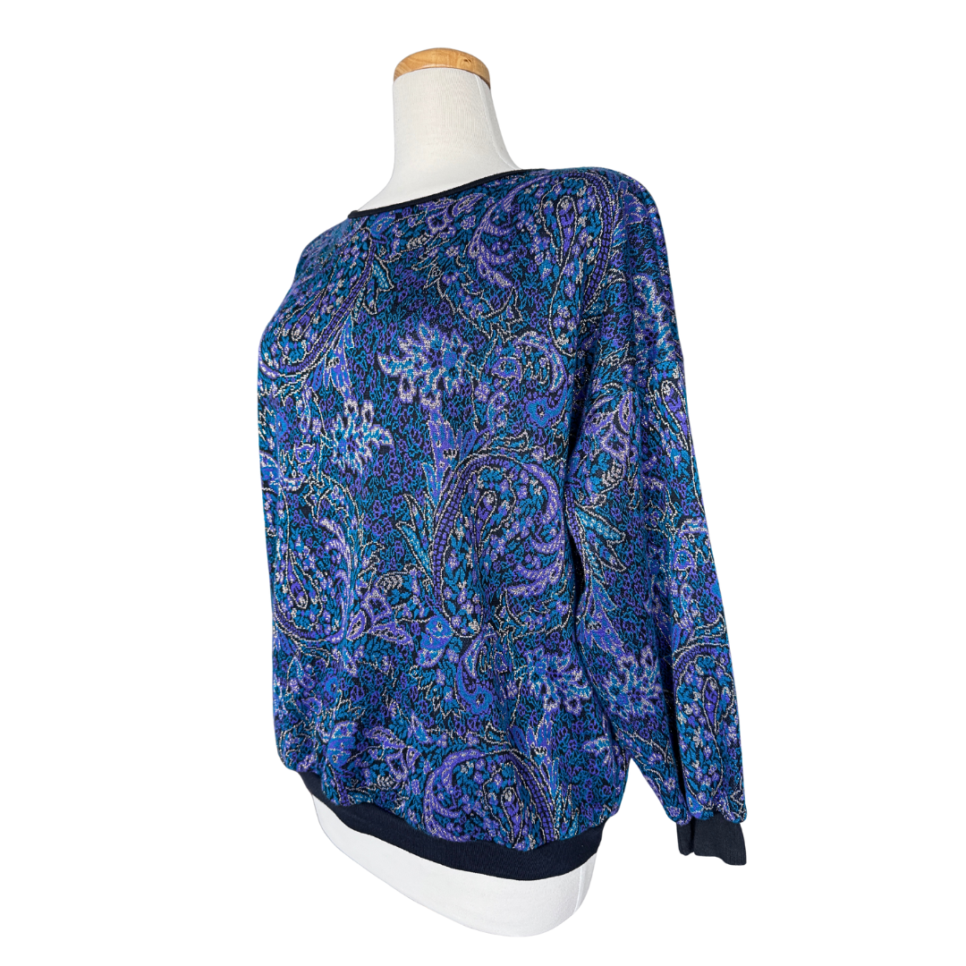 Quadra Fashions Purple and Blue Paisley Crewneck Sweater | Large