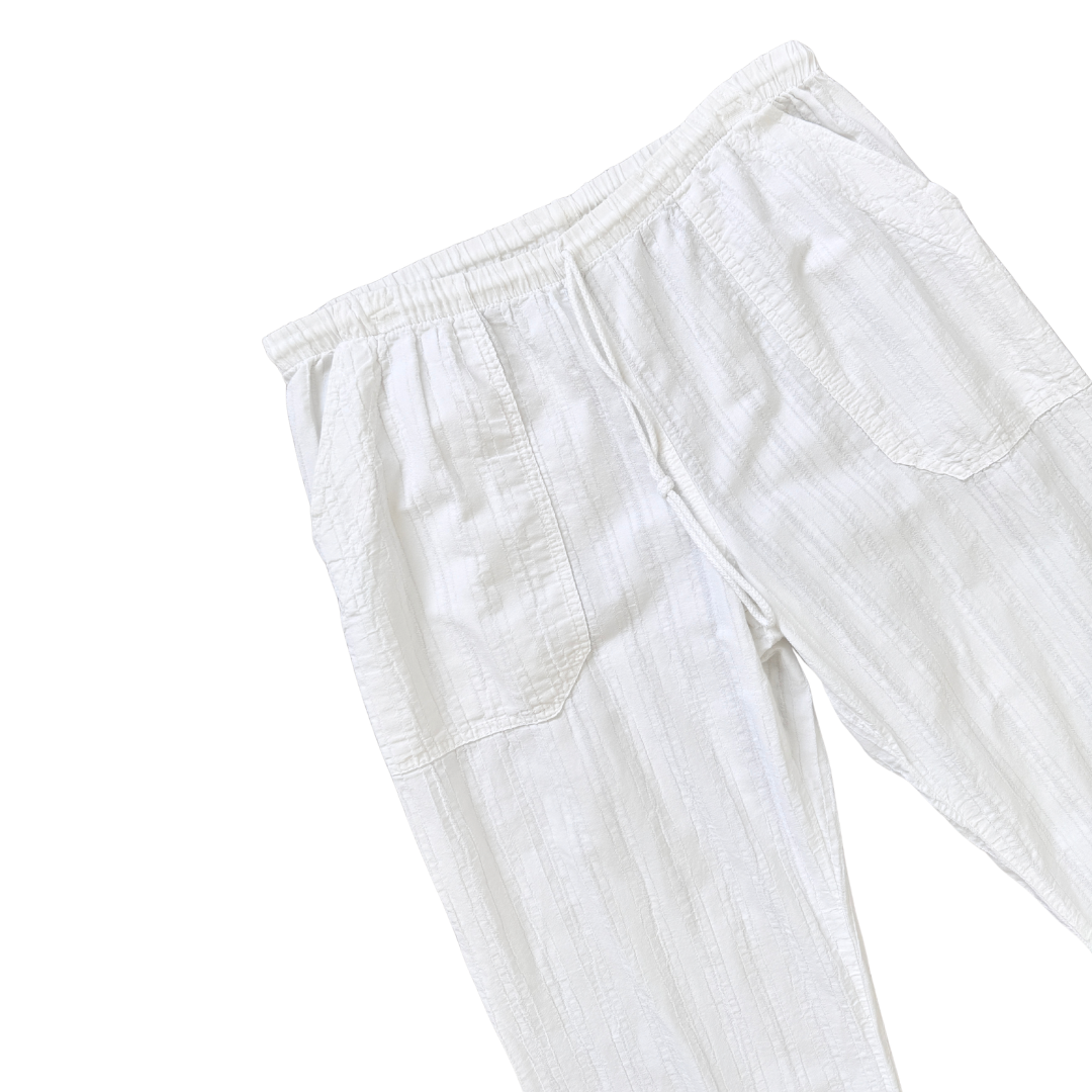 White Textured Cotton Casual Pants | Medium