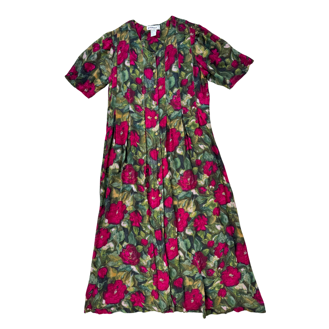 Vintage 1980s Poems by Esteem Red and Green Floral Button Front Maxi Dress | Medium