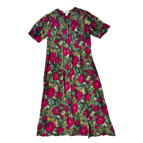 Vintage 1980s Poems by Esteem Red and Green Floral Button Front Maxi Dress | Medium