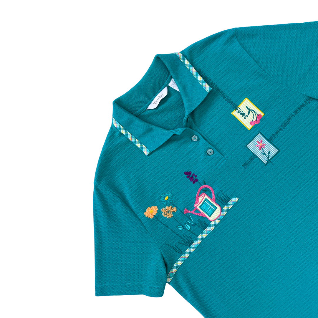 Tanjay Teal Golf Shirt with Floral Applique | Medium