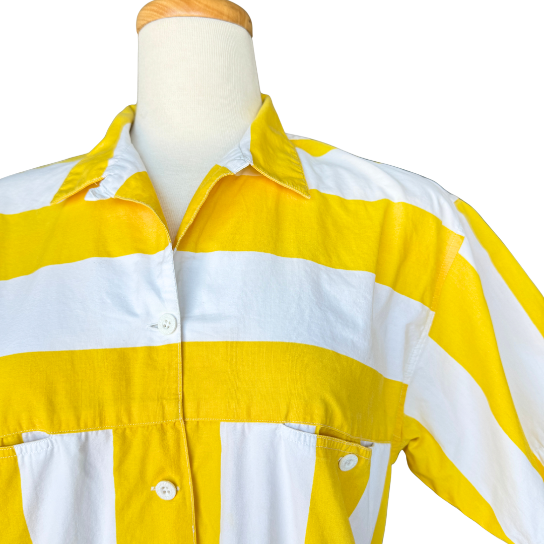 Vintage Yellow and White Striped Button Down T-Shirt | 1990s | Medium-Large