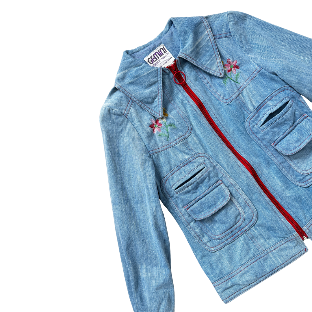 Gemini Fashions of Canada Floral Embroidered Denim Jacket | Small