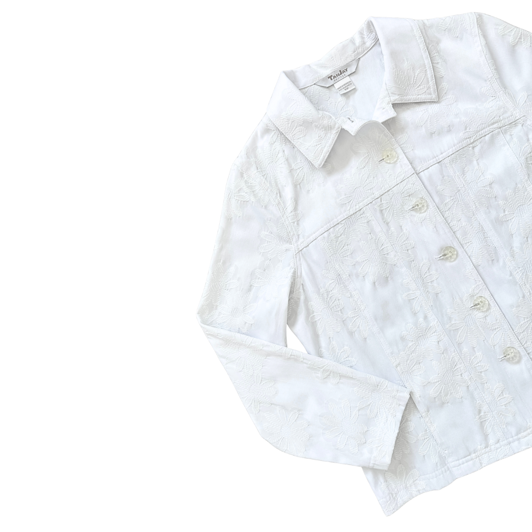 TanJay White Textured Floral Collared Jacket | Medium