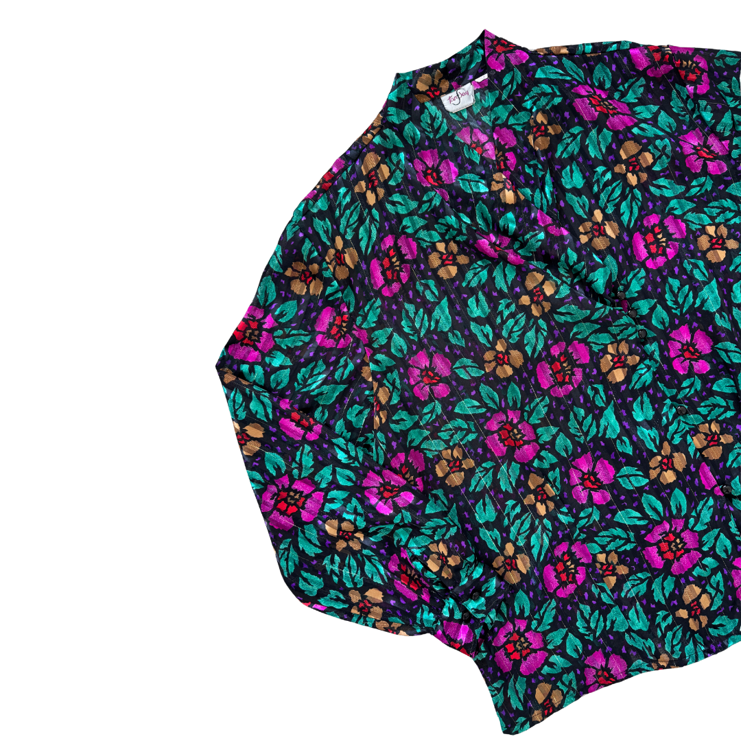 TanJay Black and Pink Satin Floral Blouse | Extra-Large
