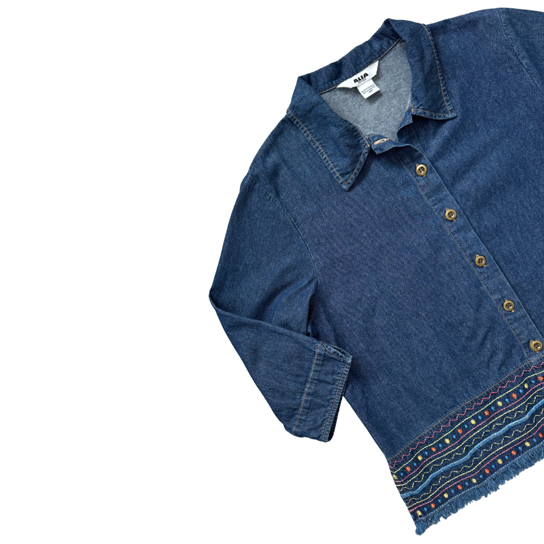 Alia Petites Embroidered Fringe Denim Shirt | Large (14P)