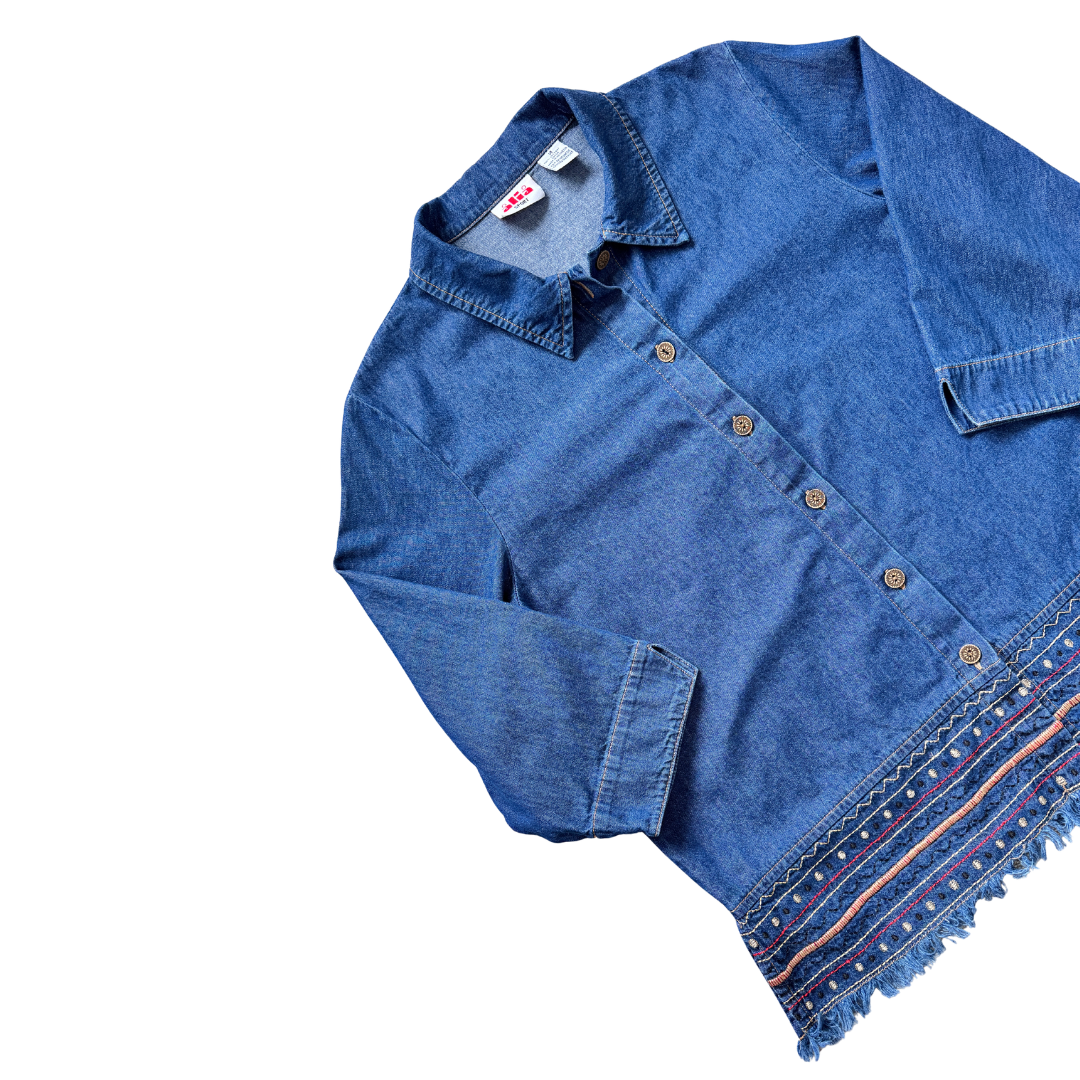 Vintage 1990s Alia Sport Geometric Embroidered Denim Shirt Large