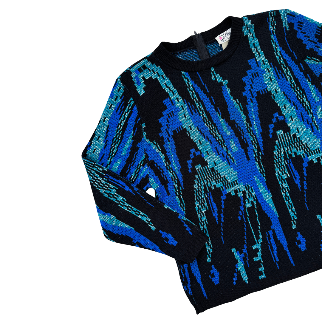 D'Allaird's Blue and Black Geometric Metallic Sweater | Small - Medium