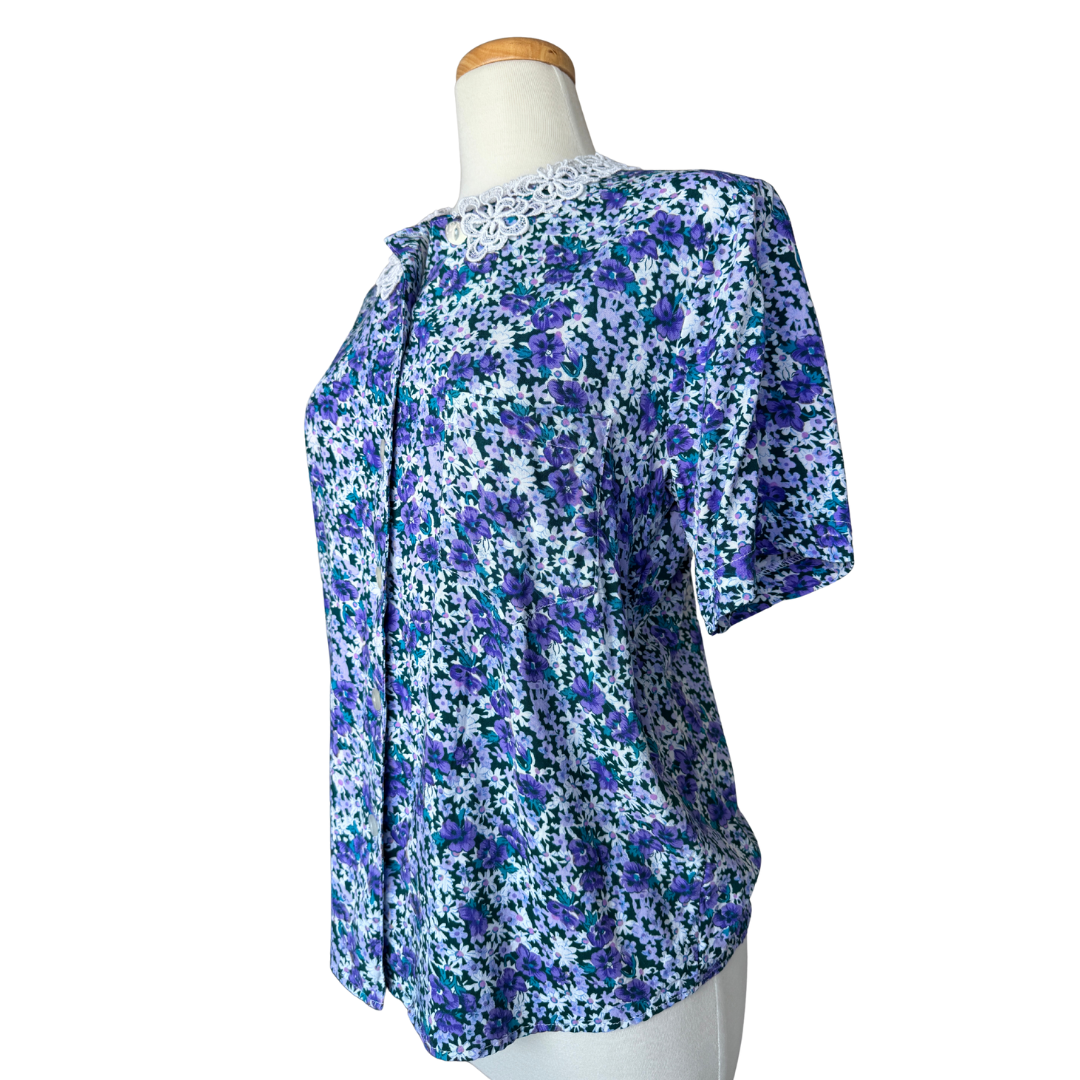 Hiroko Purple Floral Blouse with Lace Collar | Medium