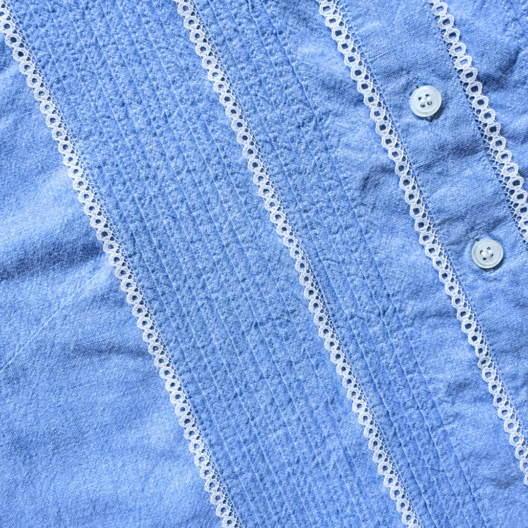 Authentic Chic Baby Blue Pleated Cotton Blouse with Lace Trim | Medium-Large