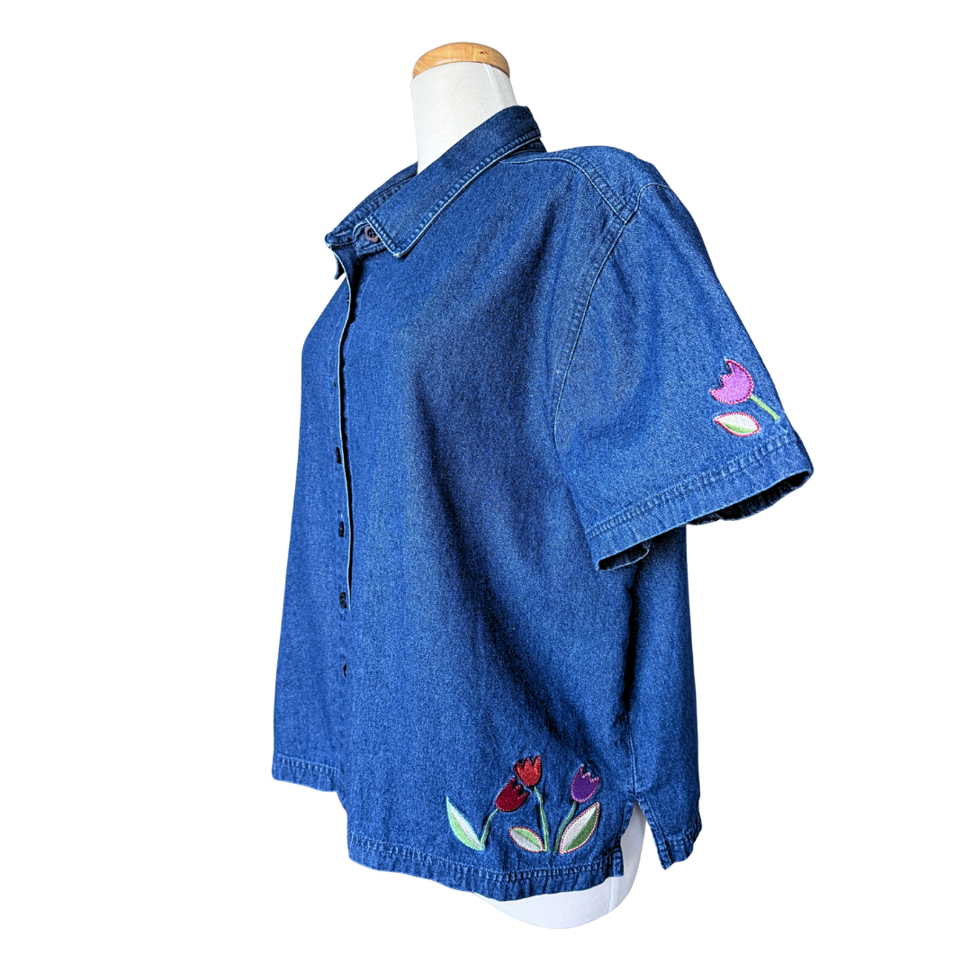 EastWest Denim Blouse with Tulip Applique | 2X