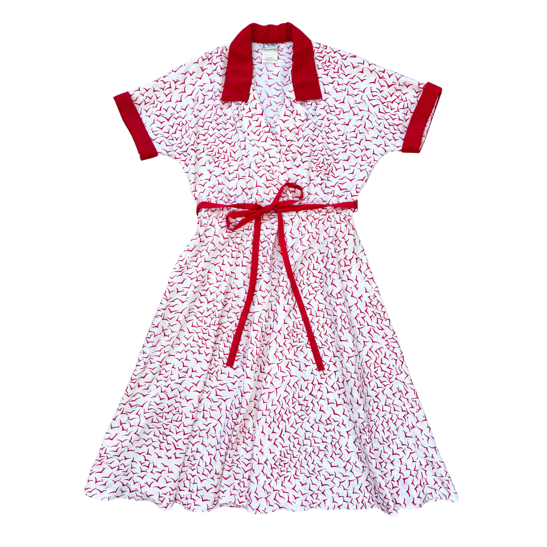 Vintage 1970s Nu-Mode Red and White Geometric Collared Dress | Medium