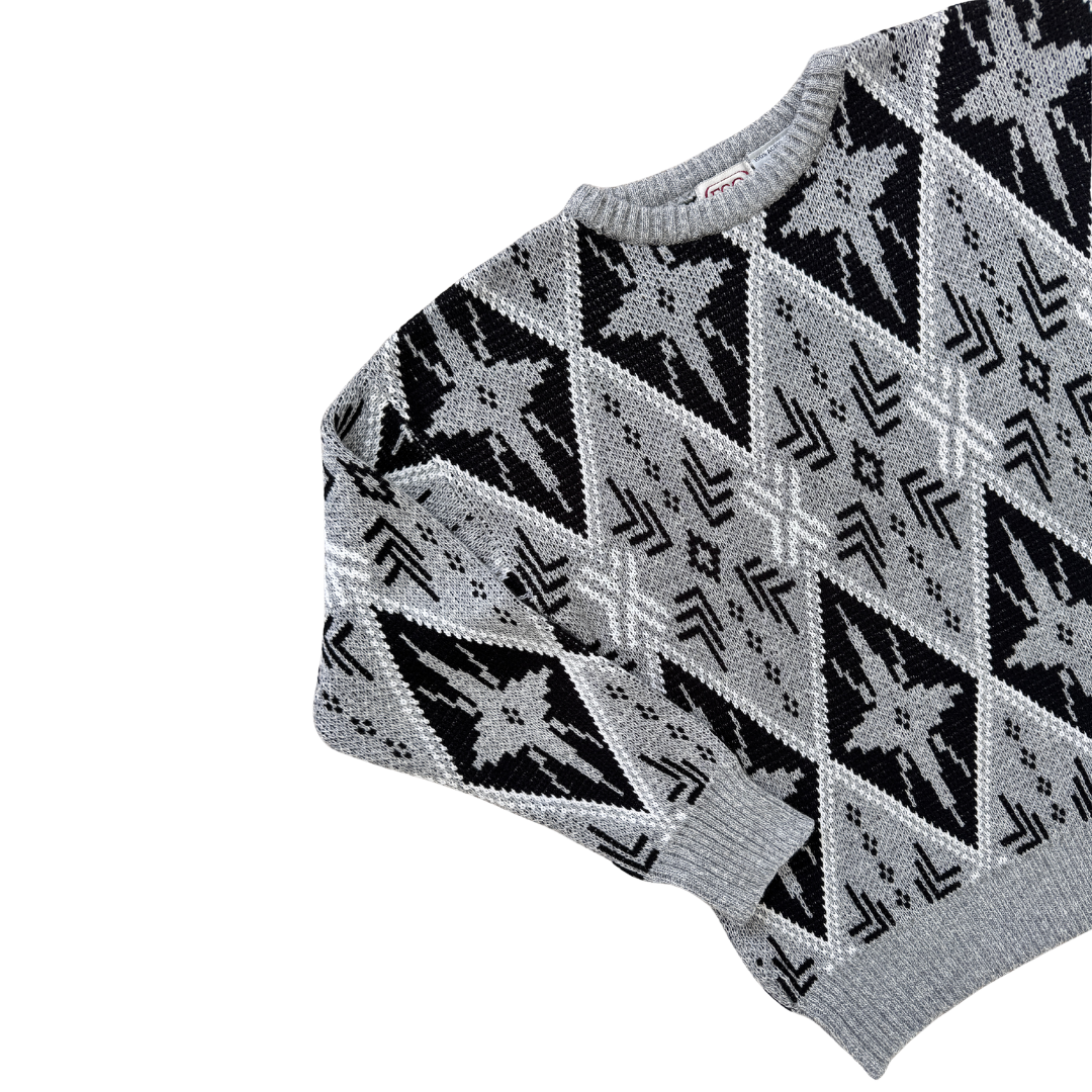 F.C.O. Black and Grey Abstract Crewneck Sweater | Small-Medium