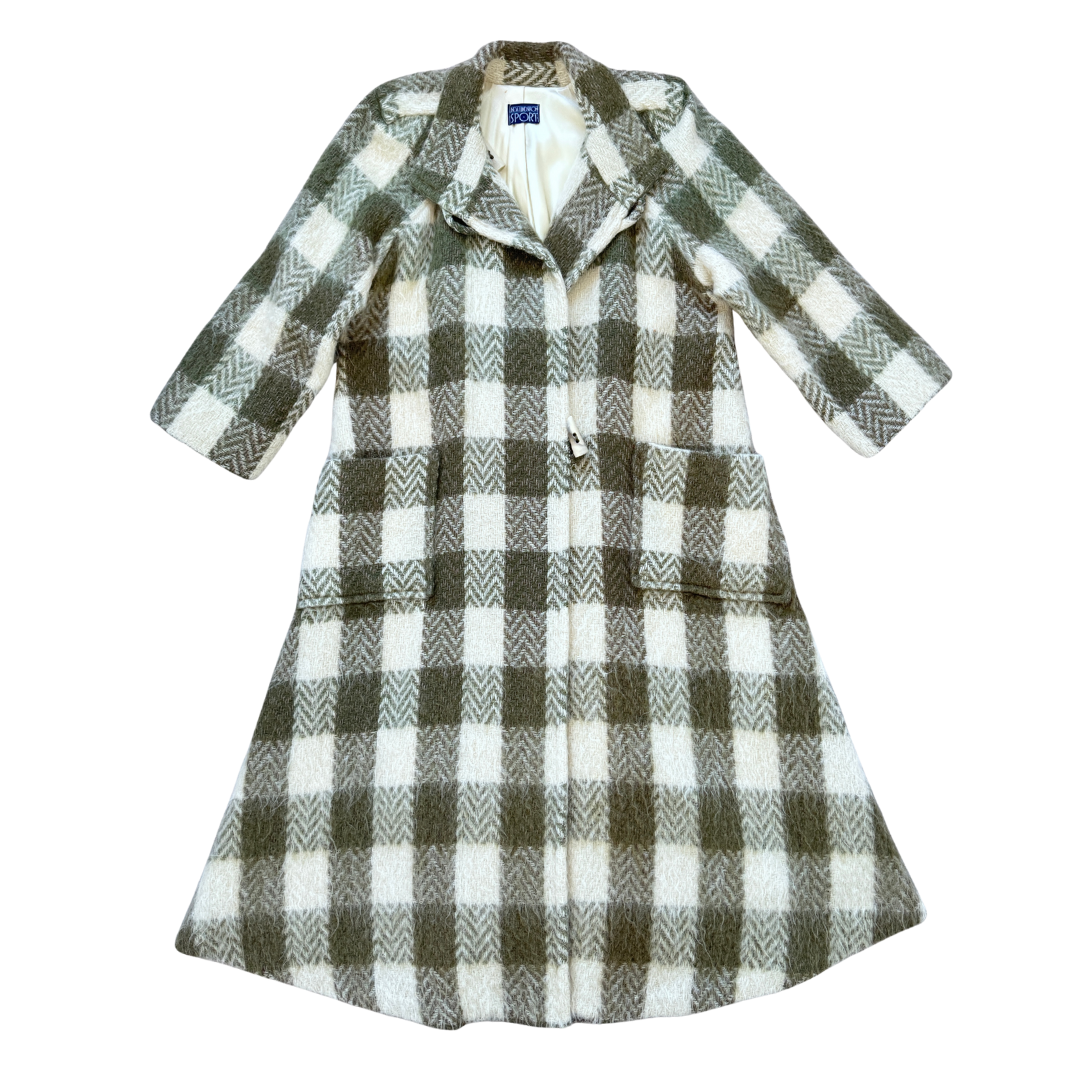 Vintage 1980s-1990s Linda Lundstrom Sport Green and Cream Plaid Brushed Wool Coat | Medium - Large (Long)