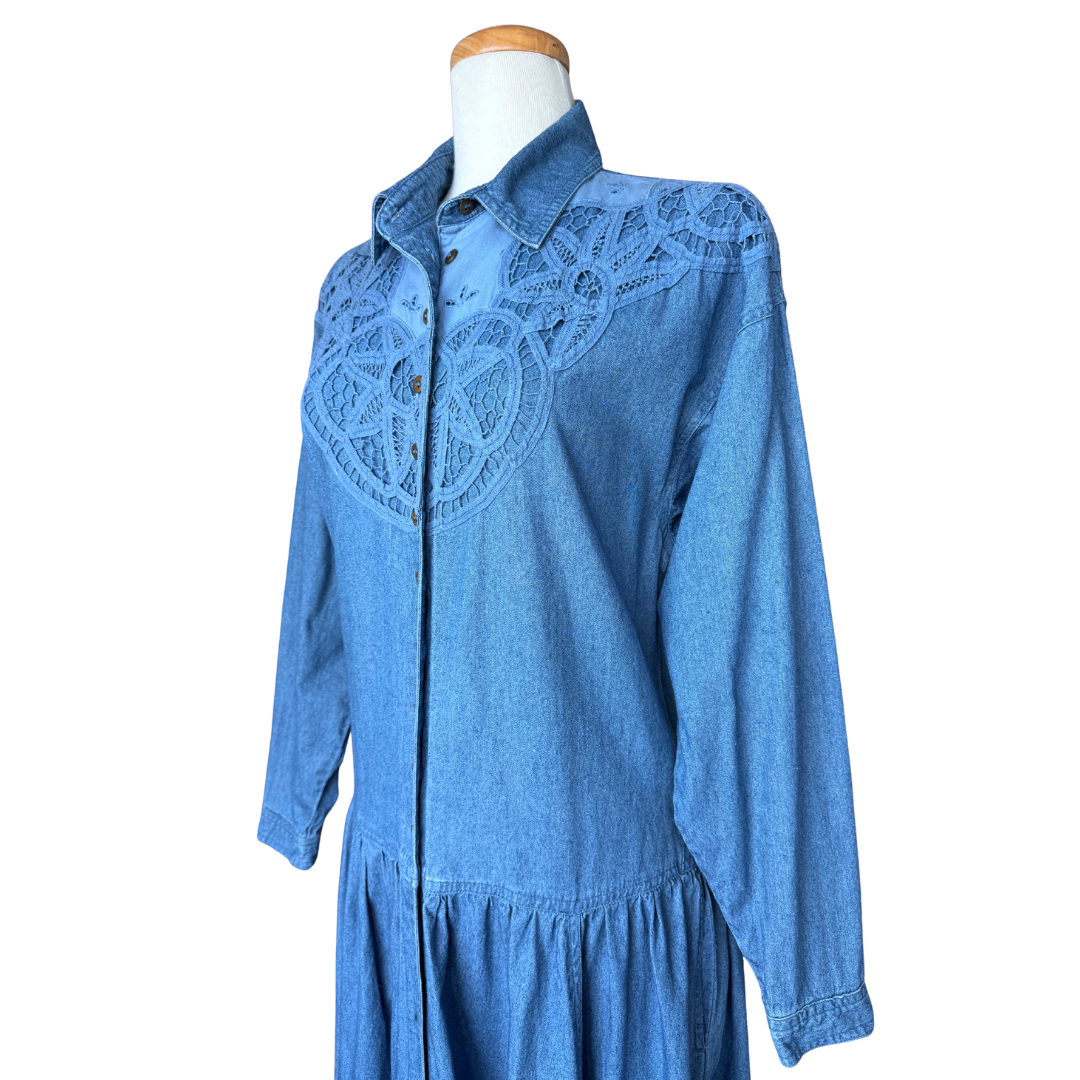 Jessie Jeanswear Denim Maxi Dress with Lace Applique | Medium-Large