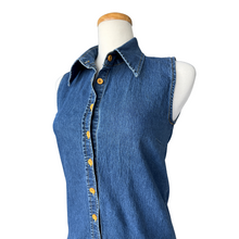 Load image into Gallery viewer, Sleeveless Collared Dark Denim Shirt | Small
