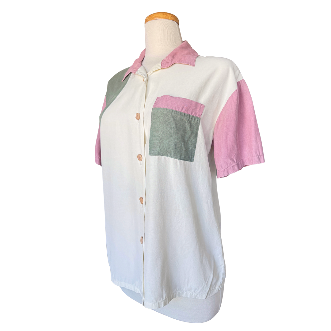 EmblemPink and Green Colour Block Buttoned Shirt | Small-Medium