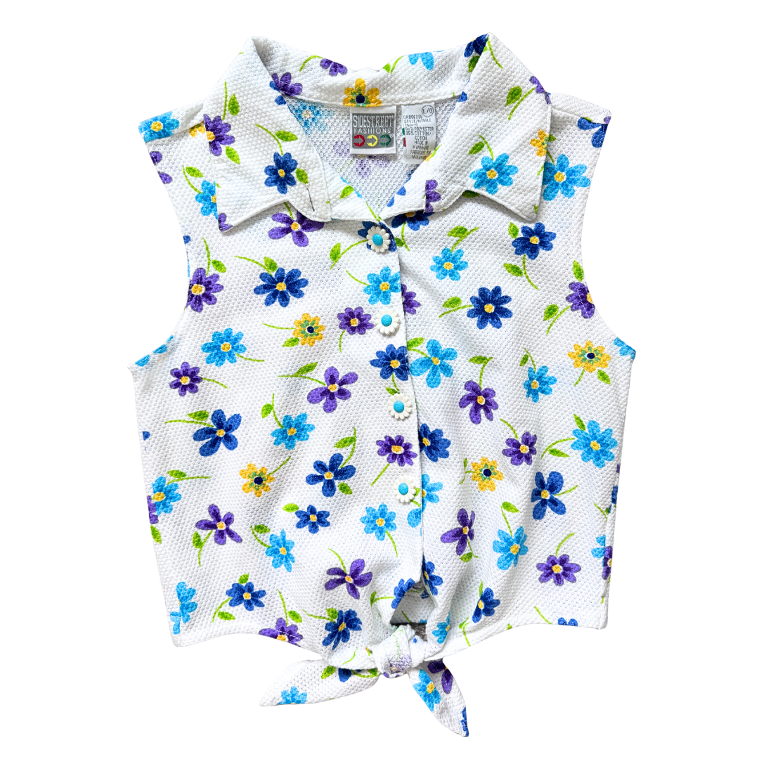Vintage 1990s Sidestreet Fashions Retro Floral Tie-Front Blouse | XXS