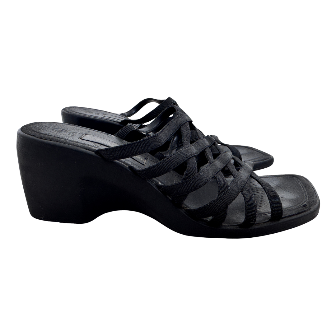 90s Black Strappy Chunky Heel Wedge Sandals | 6